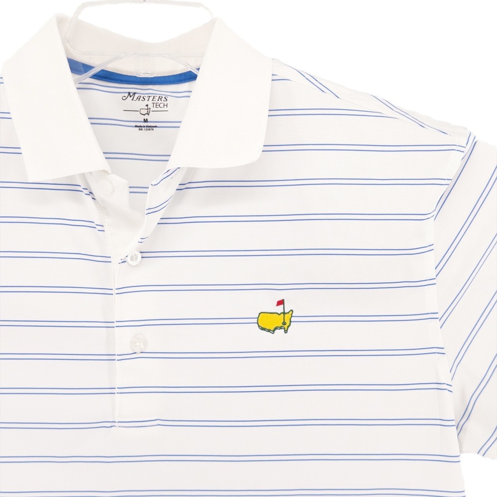Masters Tech Mens M Polo Shirt White Blue Striped Short Sleeve Golf Augusta